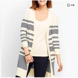 Talbots Ivory Black Striped 100% Pima Cotton Open Front Long Duster Cardigan MP